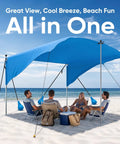 Beach Shade Canopy 100 Sq Ft Wind Powered Sunshade Sail For 4 To 6 People on beach with family sitting underneath