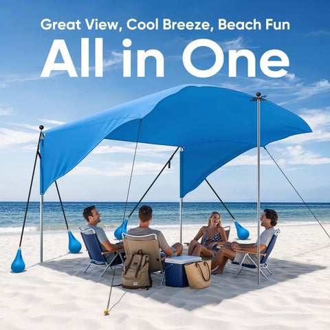Beach Shade Canopy 100 Sq Ft Wind Powered Sunshade Sail For 4 To 6 People on beach with family sitting underneath