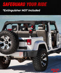 Jeep Fire Extinguisher Mount For Offroad Roll Bar Holder installed on Jeep Wrangler in beach setting
