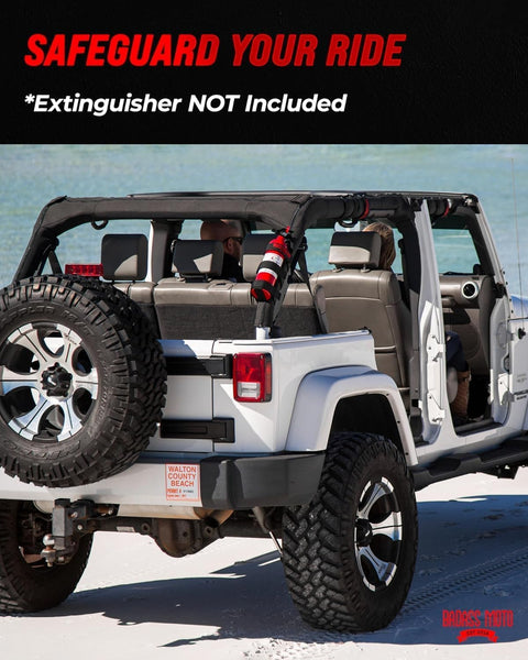 Jeep Fire Extinguisher Mount For Offroad Roll Bar Holder installed on Jeep Wrangler in beach setting