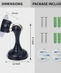 Heavy Duty Matte Black Magnetic Door Stopper 2 Pack Multi Angle dimensions and package contents on display.