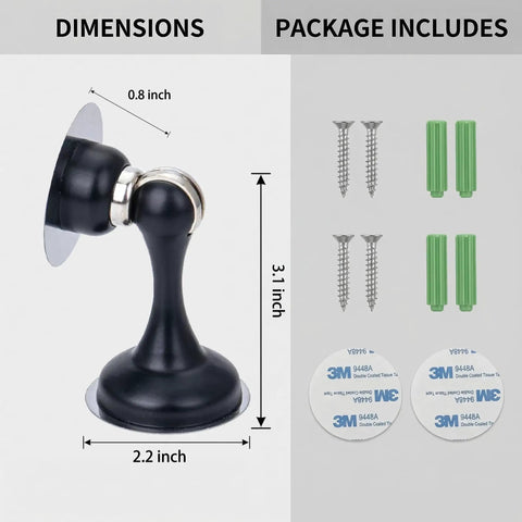Heavy Duty Matte Black Magnetic Door Stopper 2 Pack Multi Angle dimensions and package contents on display.