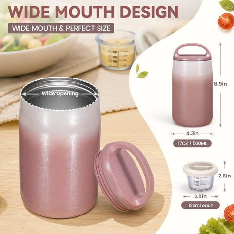 Big 27oz Wide Mouth Food Jar Made From Stainless Steel Keeps Your Grub Hot For Ten Hours Straight Up Leak Proof Performance Locks In Chill Till Midnight Perfect For Grab And Go Work Or School Vibes Pink with wide mouth design and measurements.