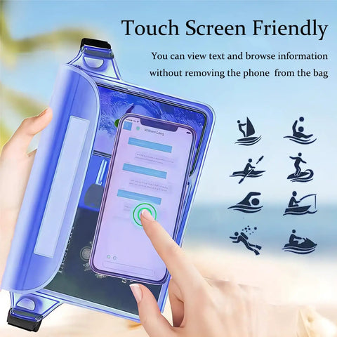 Person using touch screen through 2 Pack Waterproof Phone Pouch With Adjustable Waist Strap For Swimming Kayaking Boating Fishing Beach Diving Touch Screen Dry Bag That Keeps Your Phone And Valuables Safe And Totally Dry.
