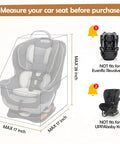 Illustration showing the fit of Gate Check Car Seat Travel Bag With Padded Interior For Air Travel Rugged Car Seat Carrier Backpack Fits Most Brands 17 X 17 X 28 Inches Grey Essential Baby Travel Gear with size comparison and exclusions for specific seats.