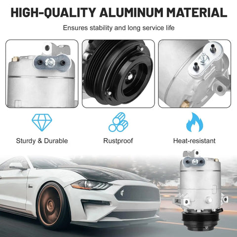 Premium Road Ready AC Compressor With Clutch Straight Bolt On Fit For Chevy Malibu Cobalt Hhr Cavalier Sunfire G6 Pursuit 2003 Through 2012 2.0l 2.2l 2.4l Motors high-quality aluminum material with detailed components and design.