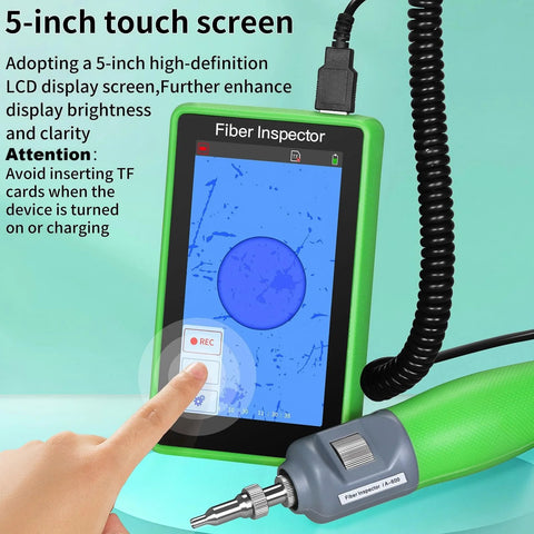 Fiber optic inspection video probe A-600 with green handheld unit and 5-inch touch screen.