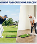 Heavy Duty Golf Hitting Mat With Durable Rubber Base For Stable Indoor And Outdoor Practice, shown outdoors and indoors with golfers.
