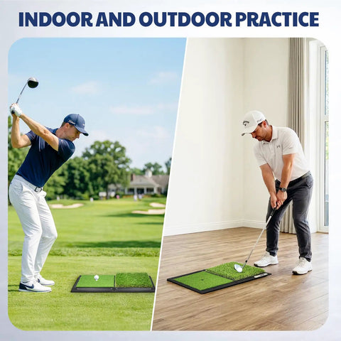 Heavy Duty Golf Hitting Mat With Durable Rubber Base For Stable Indoor And Outdoor Practice, shown outdoors and indoors with golfers.