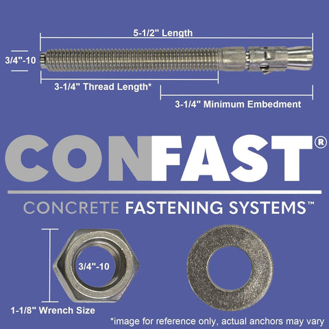 Three Quarters Inch By Five And One Half Inch Wedge Anchor Zinc Plated For Dry Concrete Installations Expansion Anchor For Concrete Only Not For Brick Or Block Box Of Twenty Durable And Easy To Install featuring dimensions and parts illustration