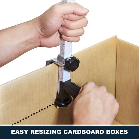 Box Resizer Tool With Safety Blade Cover And Scoring Wheel For Custom Box Size Up To 10 Inches Deep, No Guesswork Reducing Cartons To Exact Dimensions For Ecommerce, Retail And Warehouse Packing. Metal carton resizer on cardboard box.