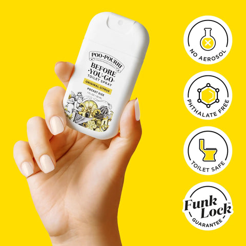 Hand holding Before You Go Pocket Toilet Spray 3 Pack Spring Variety With Essential Oils, TSA approved, 1 fl oz bottle, fresh scent.