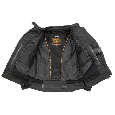 Interior view of women's armored textile motorcycle jacket with removable liner and reflective piping, ready for all seasons.