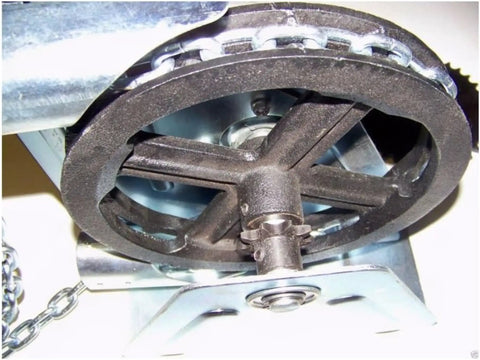 Close-up of gear mechanism in Beefed Up Chain Hoist Replacement Kit For Garage Doors 2000R 4 To 1 Reduction Wall Mount With 1 Inch Shaft.