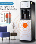 Slick Bottleless Water Dispenser Featuring Straight Up Four Stage Filtration And Game Changing Tankless Direct Connect Design for home, showing water depletion alert feature.