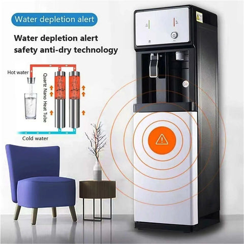 Slick Bottleless Water Dispenser Featuring Straight Up Four Stage Filtration And Game Changing Tankless Direct Connect Design for home, showing water depletion alert feature.
