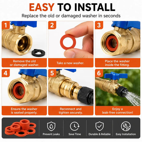 Installation steps for 80 Pack Garden Hose Washers Red Rubber Gasket Heavy Duty Universal Fit For Standard Three Quarter Inch.