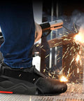 Heavy Duty Steel Toe Covers For Shoes Non Slip Safety Overshoes With Durable Anti Crush Guard Universal Fit, worn while welding.