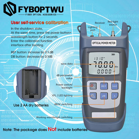 Front view of FYBOPTWU 3-in-1 fiber optic tester with optical power meter and VFL handheld device.