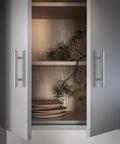 Open cabinet with 30 Pack 5 Inch Brushed Nickel Cabinet Pulls Stainless Steel Kitchen Drawer Handles visible on doors