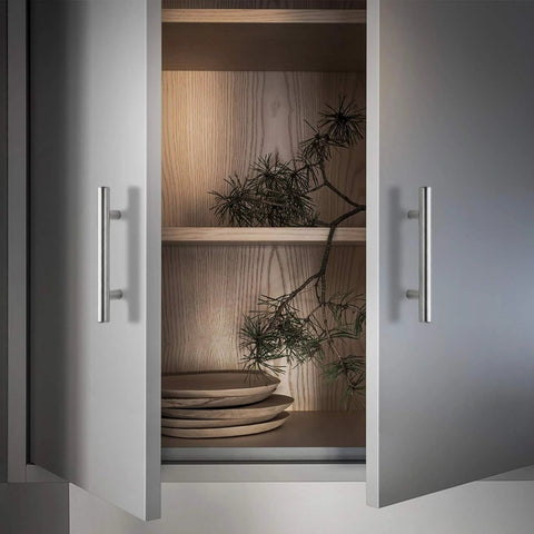 Open cabinet with 30 Pack 5 Inch Brushed Nickel Cabinet Pulls Stainless Steel Kitchen Drawer Handles visible on doors