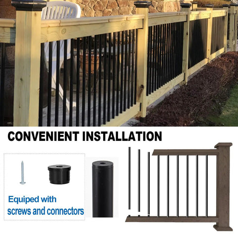 Wooden railing installation guide with 101 Pack 26 Inch Hollow Aluminum Deck Balusters For Railing And Fencing, Rust Resistant Powder Coated Spindles, connectors visible.