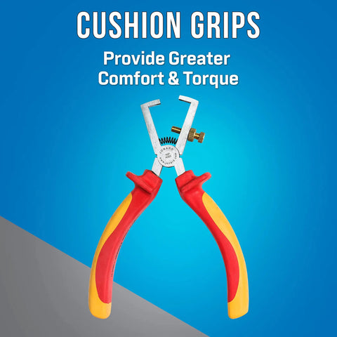 Red and yellow wire stripper from 11 Piece Insulated Tool Kit With Phillips 1, 2, And 3 Drivers, Slotted Drivers, Insulated Pliers, And Wire Stripper For Electrical Work, Includes Three Slotted Tip Sizes, Meets IEC 60900 And ASTM F1505 Standards, Red, showcasing cushion grips.