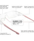 Wraparound Anti Fog Safety Glasses With Blue Light Blocking Lenses ANSI Z87 Certified Eyewear with pink frame and annotations