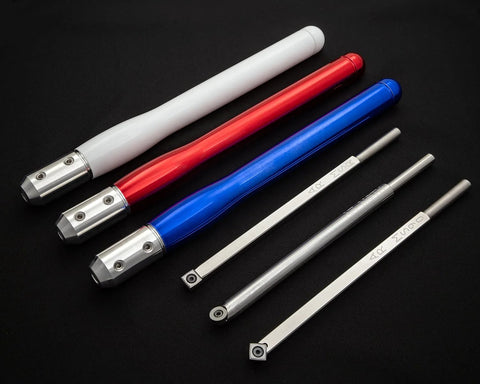 3-piece carbide woodturning tool set with white, red, and blue 12-inch handles