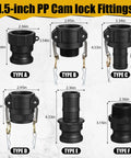 Six Piece Cam Lock Fittings Kit For Fast Grab-And-Go Connections On Hoses And Pipes, 1.5 Inch Camlock Couplings, Black Polypropylene