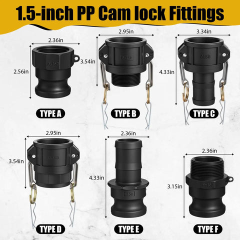 Six Piece Cam Lock Fittings Kit For Fast Grab-And-Go Connections On Hoses And Pipes, 1.5 Inch Camlock Couplings, Black Polypropylene