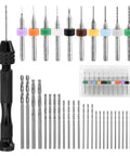 Pipe Vise Micro Mini Hand Drill Set With Premium HSS Micro Bits For Arts And Crafts Jewelry Making And Resin Work Includes 25 HSS Bits And 10 PCB Bits For Precise Tiny Drilling In A Compact Pin Vise Kit 1.5x0.13 Inch, including black aluminum alloy drill handle and assorted bits.