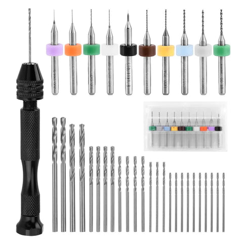 Pipe Vise Micro Mini Hand Drill Set With Premium HSS Micro Bits For Arts And Crafts Jewelry Making And Resin Work Includes 25 HSS Bits And 10 PCB Bits For Precise Tiny Drilling In A Compact Pin Vise Kit 1.5x0.13 Inch, including black aluminum alloy drill handle and assorted bits.