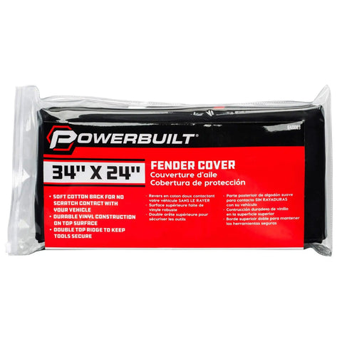 Heavy-Duty 24 By 34 Inch Black Plush Vinyl Fender Cover Pad packaging with product details and specifications visible.