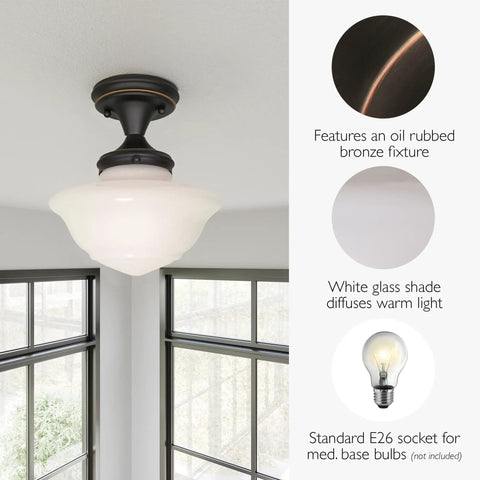 Vintage Schoolhouse Semi Flush Mount Ceiling Light In Oil Rubbed Bronze With White Glass Shade For Kitchens Hallways And Dining Rooms