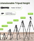 Beefy Heavy Duty Laser Level Tripod Stand, 60 Inch Adjustable Support For Laser Levels And Distance Meters, One Quarter Inch And Five Eighth Inch Mounts, Non Slip Feet, Three Way Pan Head With Bubble Level, shown folded and extended to 57 inch