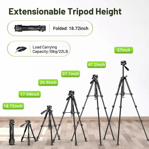 Beefy Heavy Duty Laser Level Tripod Stand, 60 Inch Adjustable Support For Laser Levels And Distance Meters, One Quarter Inch And Five Eighth Inch Mounts, Non Slip Feet, Three Way Pan Head With Bubble Level, shown folded and extended to 57 inch