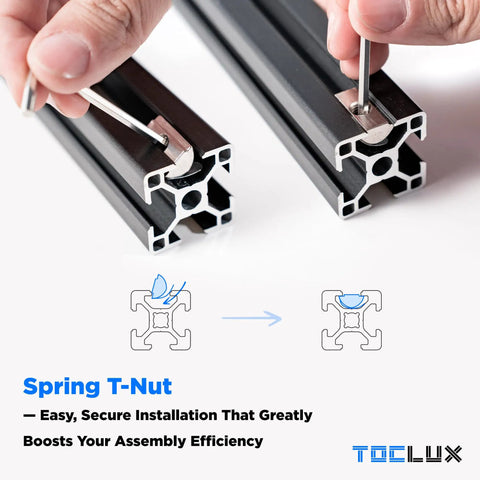Person installing spring T nut into Heavy Duty 3030 Aluminum Extrusion Corner Bracket Kit With 10 Corner Brackets 20 M6 Spring T Nuts And Hex Screws