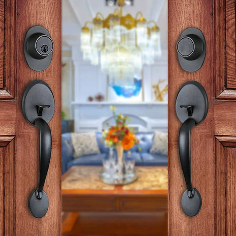 Two Pack Iron Black Front Double Door Handleset With Knob And Single Cylinder Deadbolt Keyed Entry Plus Dummy Non Lock Handle