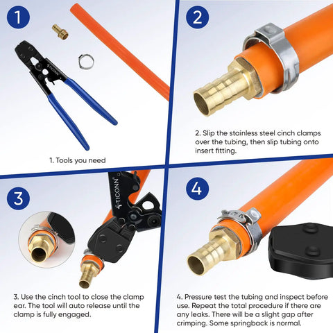 Pex Clinch Clamps Crimping Tool for 304 Stainless Steel Rings and Pex Pipe Connection with step-by-step instructions
