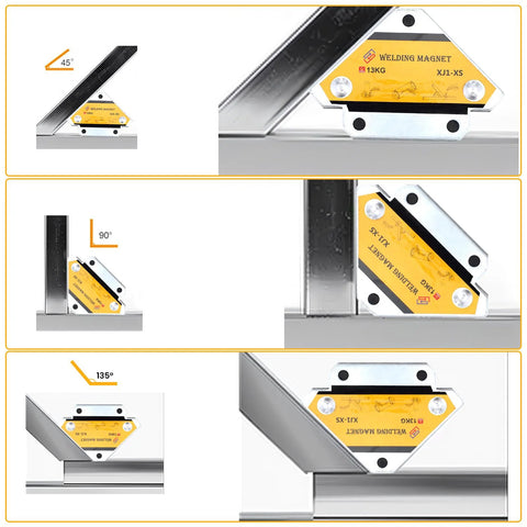 Front view: six-piece 25 lb magnetic welding holder set with yellow-labeled magnets