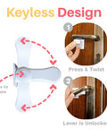Image of Child Proof Door Lever Lock Pack With 3M Adhesive Universal Fit No Drill Minimalist Design Easy Install for Kid Safe Homes showing keyless design.