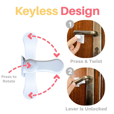 Image of Child Proof Door Lever Lock Pack With 3M Adhesive Universal Fit No Drill Minimalist Design Easy Install for Kid Safe Homes showing keyless design.