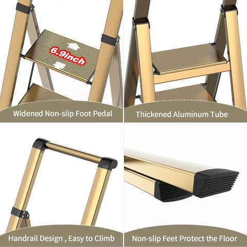 Five Step Ladder With Handrail Champagne Gold For Home Use Top Handle Design With Non Slip Rubber Feet Stable Easy Up And Down Stool For Kitchen Garage And Office Tasks, 5-step aluminum frame with handrail and wide non-slip pedals