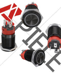 Multiple angles of 16mm Latching Push Button Switch 12V DC On Off Black Shell With Dope LED Angel Eye Head For 0.63 Inch Mount Hole