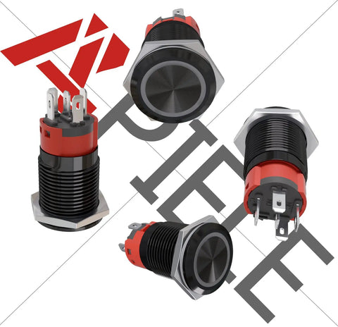 Multiple angles of 16mm Latching Push Button Switch 12V DC On Off Black Shell With Dope LED Angel Eye Head For 0.63 Inch Mount Hole