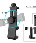 360 Degree Rotating Cell Phone Holder for Selfie Sticks and Monopods, featuring adjustable clamp for smartphones.