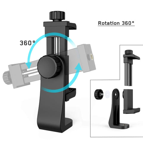 360 Degree Rotating Cell Phone Holder for Selfie Sticks and Monopods, featuring adjustable clamp for smartphones.
