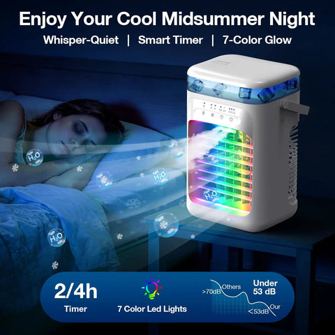 Three In One Portable Air Conditioner Humidifier And Ice Fan With Timer, seven color ambient light by bed in dark room