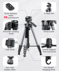 Heavy Duty Aluminum Camera Tripod Stand For DSLR, Mirrorless, Smartphone And GoPro Adjustable 20 To 74 Inch Height features